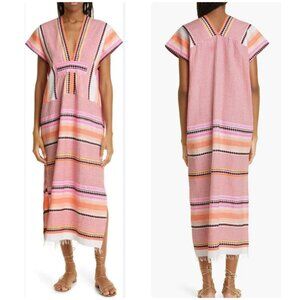Lemlem Cirq Long Caftan Dress Womens XS Pink Multicolor Stripes Fringe Beach